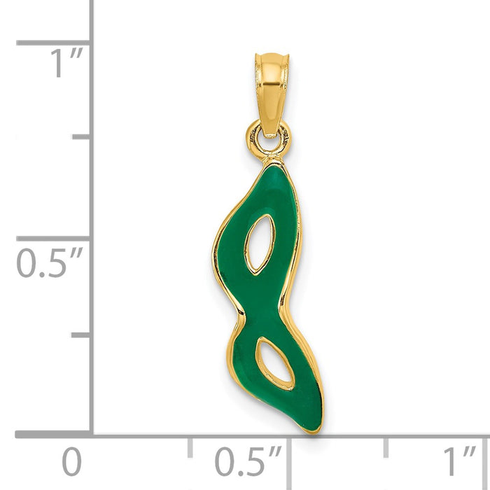 Million Charms 14K Yellow Gold Themed 3-D & Beveled With Green Enamel Masquerade Mask Pendant