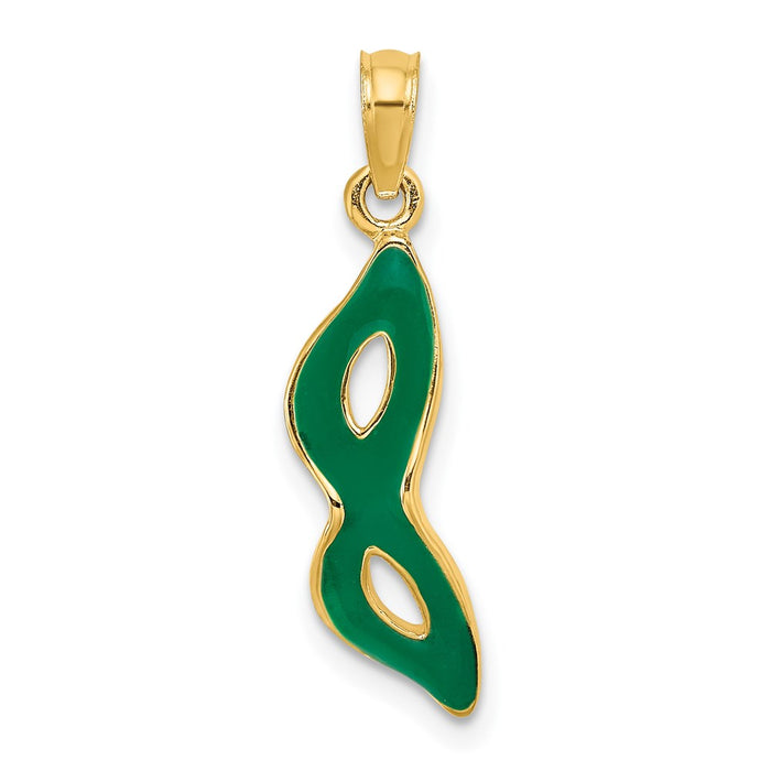 Million Charms 14K Yellow Gold Themed 3-D & Beveled With Green Enamel Masquerade Mask Pendant