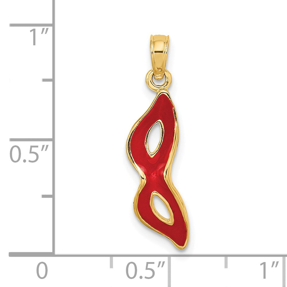 Million Charms 14K Yellow Gold Themed 3-D & Beveled With Red Enamel Masquerade Mask Pendant