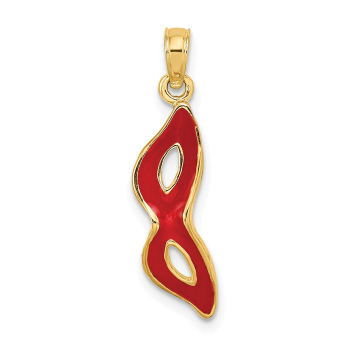 Million Charms 14K Yellow Gold Themed 3-D & Beveled With Red Enamel Masquerade Mask Pendant