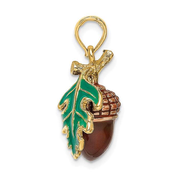 Million Charms 14K Yellow Gold Themed 3-D Enameled Acorn With Leaf Charm