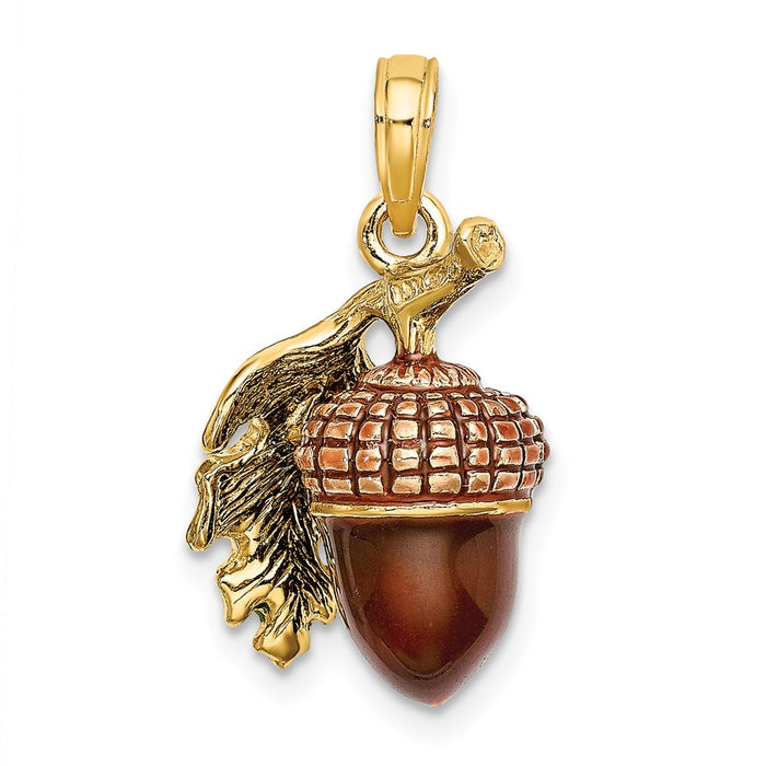 Million Charms 14K Yellow Gold Themed 3-D Enameled Acorn With Leaf Charm