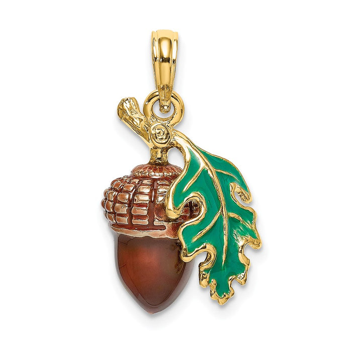 Million Charms 14K Yellow Gold Themed 3-D Enameled Acorn With Leaf Charm