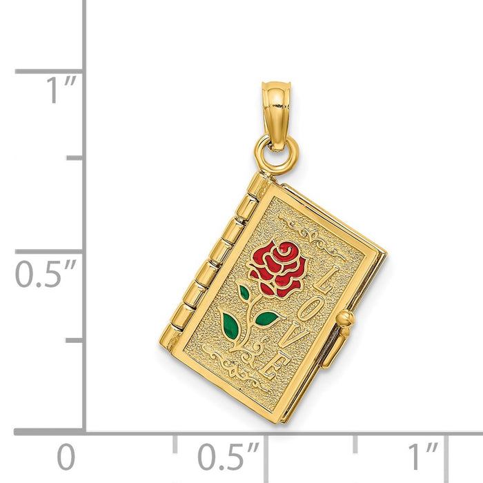 Million Charms 14K Yellow Gold Themed Polished Enameled Moveable Love Flower Book Pendant