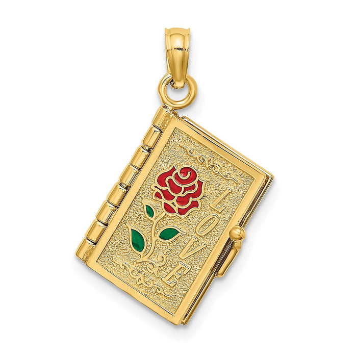 Million Charms 14K Yellow Gold Themed Polished Enameled Moveable Love Flower Book Pendant
