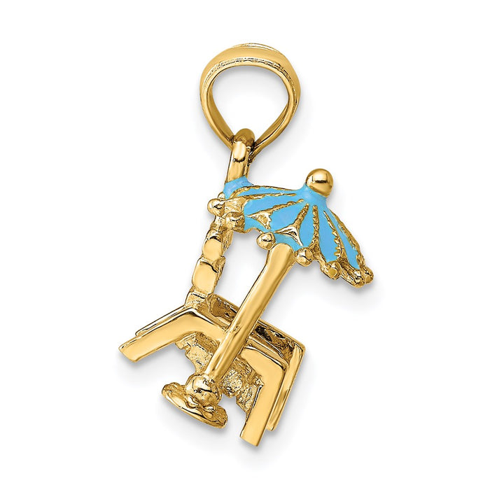 Million Charms 14K Yellow Gold Themed 3-D Beach Chair With Aqua Enameled Umbrella Charm