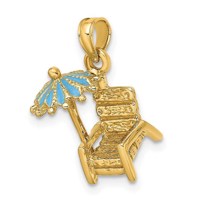 Million Charms 14K Yellow Gold Themed 3-D Beach Chair With Aqua Enameled Umbrella Charm