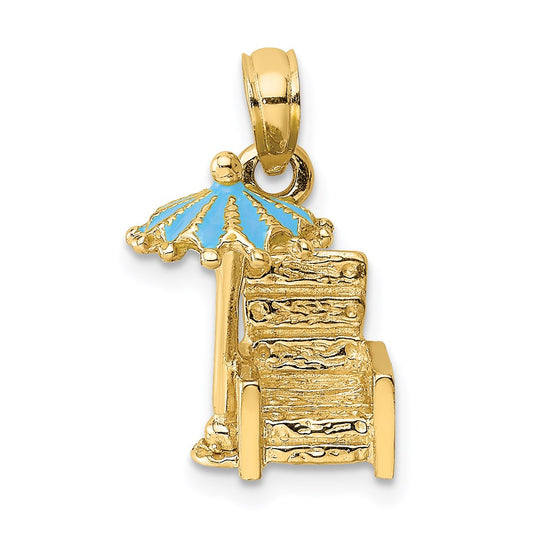 Million Charms 14K Yellow Gold Themed 3-D Beach Chair With Aqua Enameled Umbrella Charm