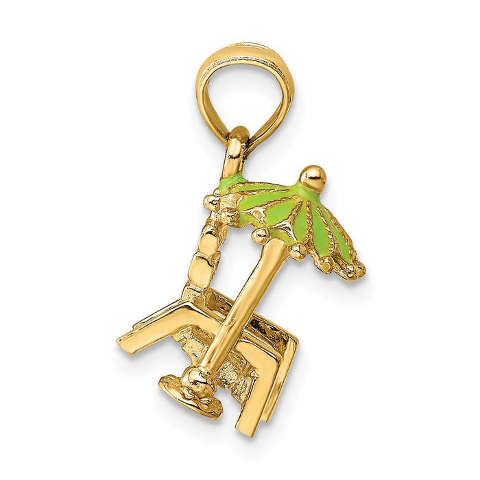 Million Charms 14K Yellow Gold Themed 3-D Beach Chair With Green Enameled Umbrella Charm