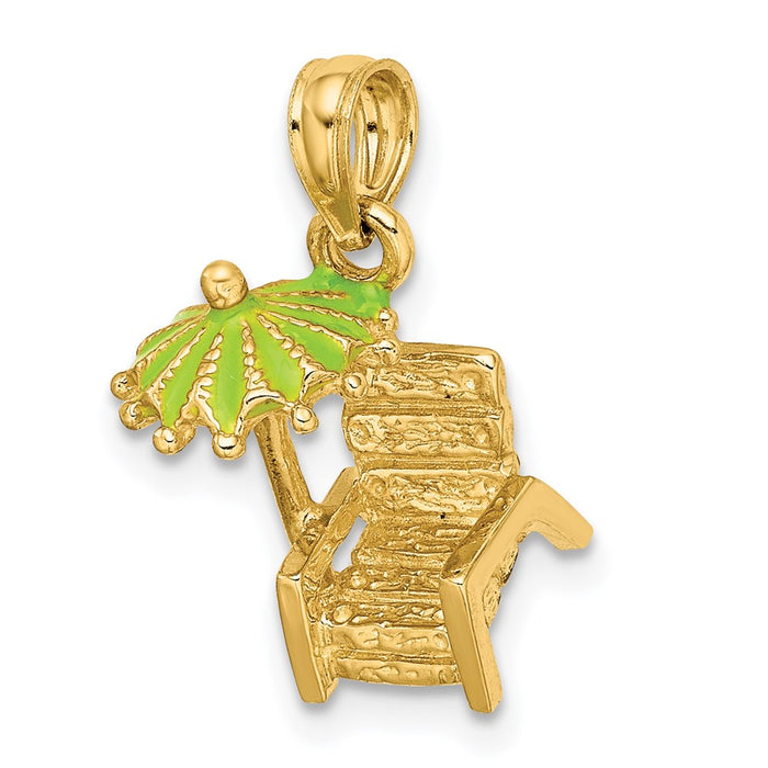 Million Charms 14K Yellow Gold Themed 3-D Beach Chair With Green Enameled Umbrella Charm