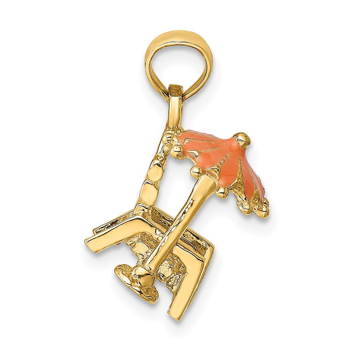 Million Charms 14K Yellow Gold Themed 3-D Beach Chair With Orange Enameled Umbrella Charm