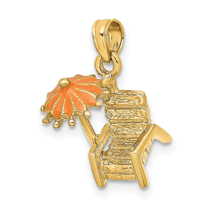 Million Charms 14K Yellow Gold Themed 3-D Beach Chair With Orange Enameled Umbrella Charm