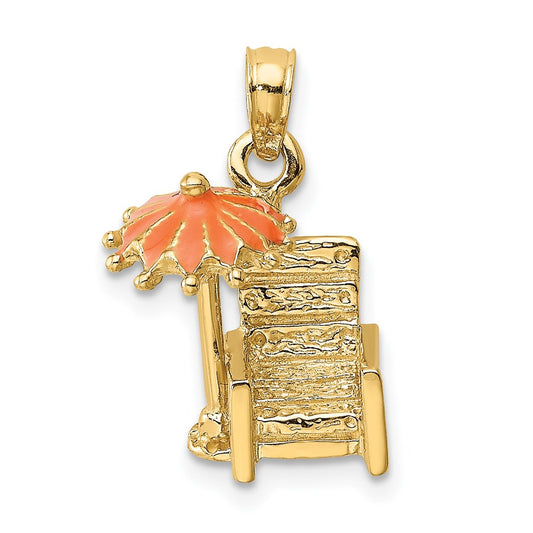 Million Charms 14K Yellow Gold Themed 3-D Beach Chair With Orange Enameled Umbrella Charm