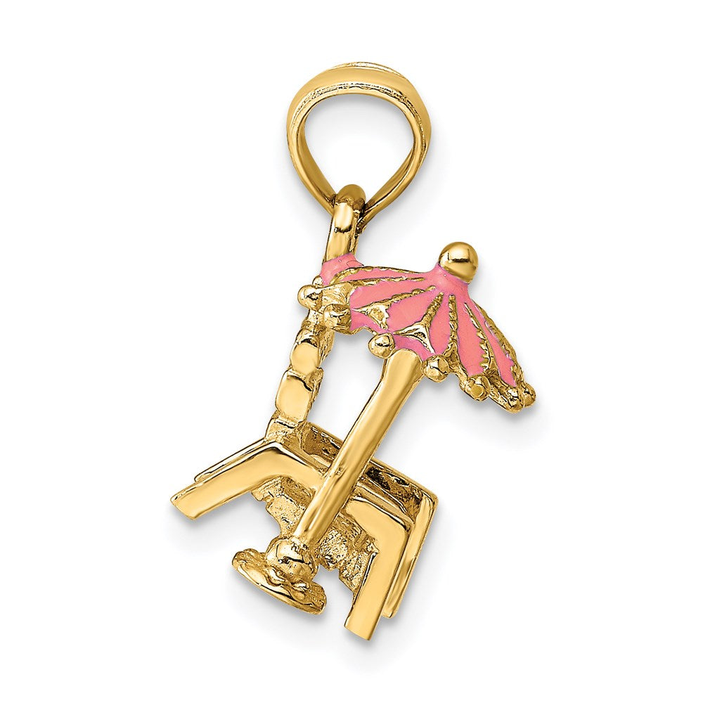 Million Charms 14K Yellow Gold Themed 3-D With Pink Enamel Beach Chair & Umbrella Charm