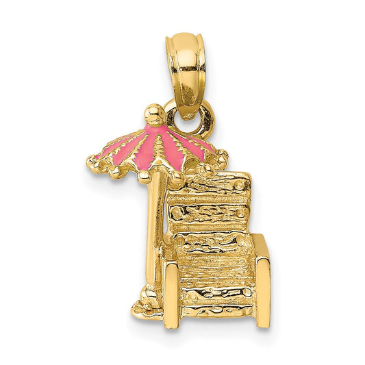 Million Charms 14K Yellow Gold Themed 3-D With Pink Enamel Beach Chair & Umbrella Charm