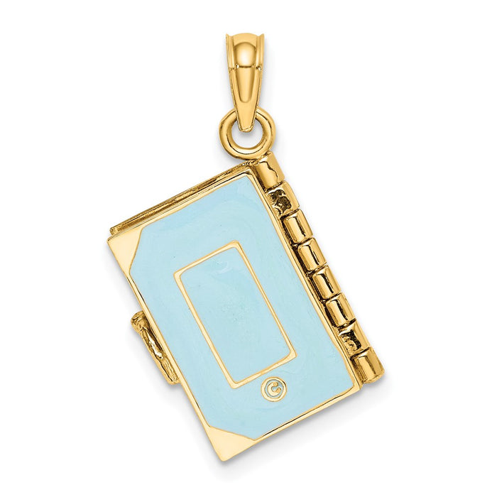 Million Charms 14K Yellow Gold Themed 3-D Blue Enamel Bible Book With Moveable Pages Charm