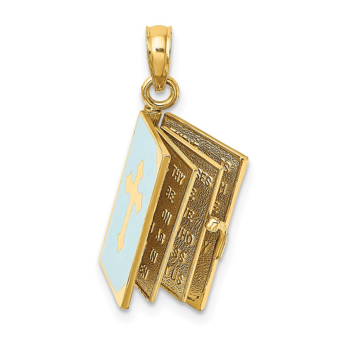 Million Charms 14K Yellow Gold Themed 3-D Blue Enamel Bible Book With Moveable Pages Charm