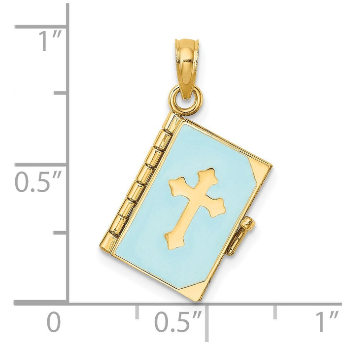 Million Charms 14K Yellow Gold Themed 3-D Blue Enamel Bible Book With Moveable Pages Charm