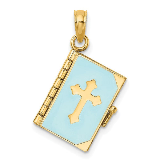 Million Charms 14K Yellow Gold Themed 3-D Blue Enamel Bible Book With Moveable Pages Charm