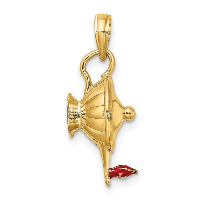 Million Charms 14K Yellow Gold Themed With Red Enamel & Polished 3-D Genie Lamp Charm