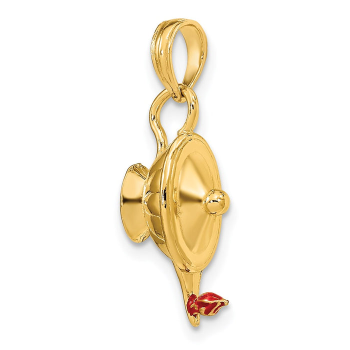 Million Charms 14K Yellow Gold Themed With Red Enamel & Polished 3-D Genie Lamp Charm
