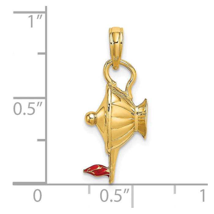 Million Charms 14K Yellow Gold Themed With Red Enamel & Polished 3-D Genie Lamp Charm
