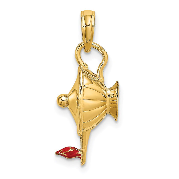 Million Charms 14K Yellow Gold Themed With Red Enamel & Polished 3-D Genie Lamp Charm