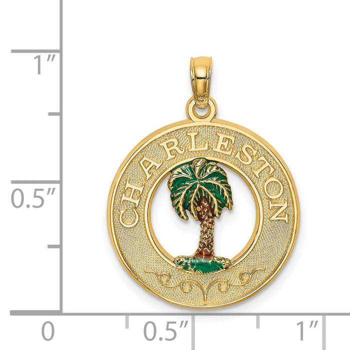 Million Charms 14K Yellow Gold Themed Enamel Palm Tree Charleston On Round Frame Charm