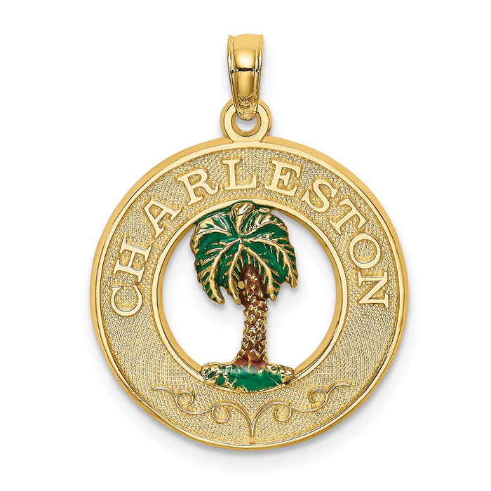 Million Charms 14K Yellow Gold Themed Enamel Palm Tree Charleston On Round Frame Charm