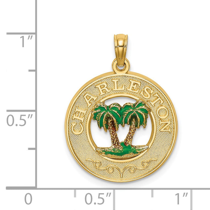 Million Charms 14K Yellow Gold Themed Enamel Palm Tree Charleston On Round Frame Charm