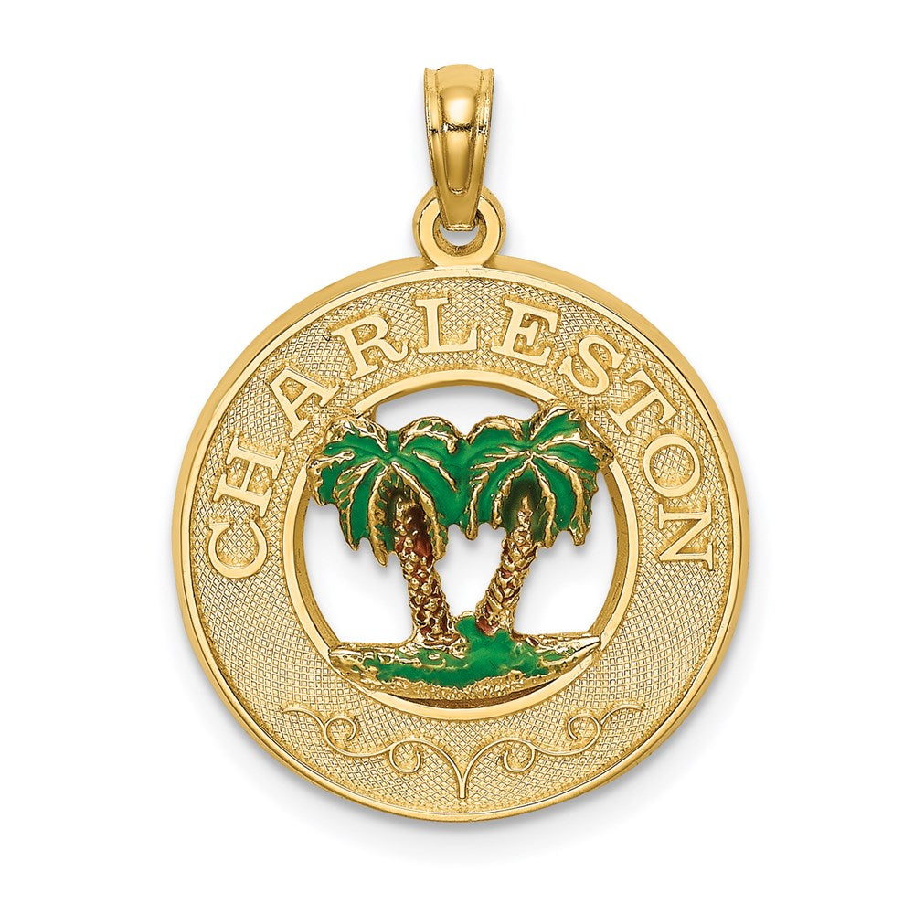 Million Charms 14K Yellow Gold Themed Enamel Palm Tree Charleston On Round Frame Charm