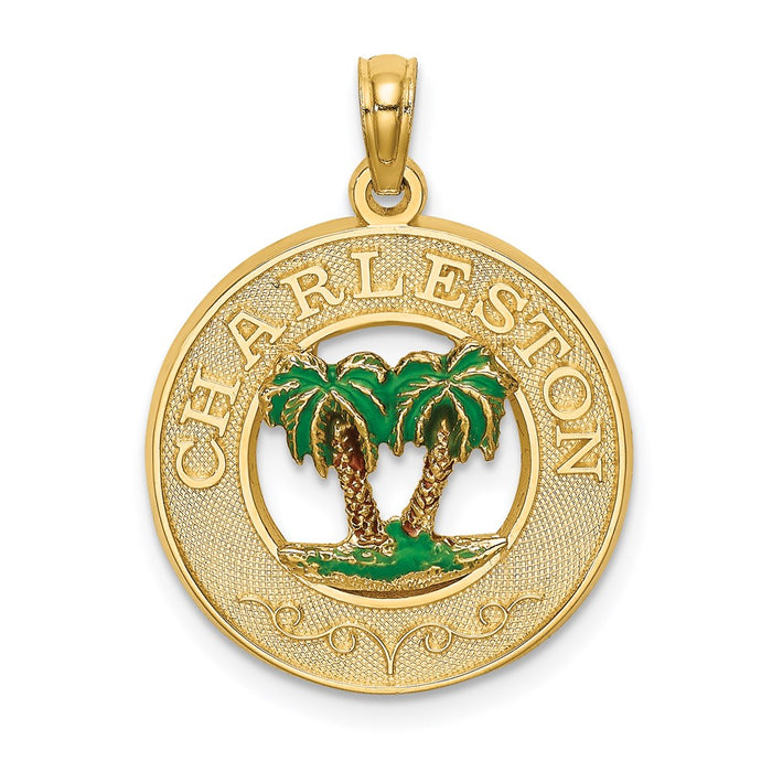 Million Charms 14K Yellow Gold Themed Enamel Palm Tree Charleston On Round Frame Charm