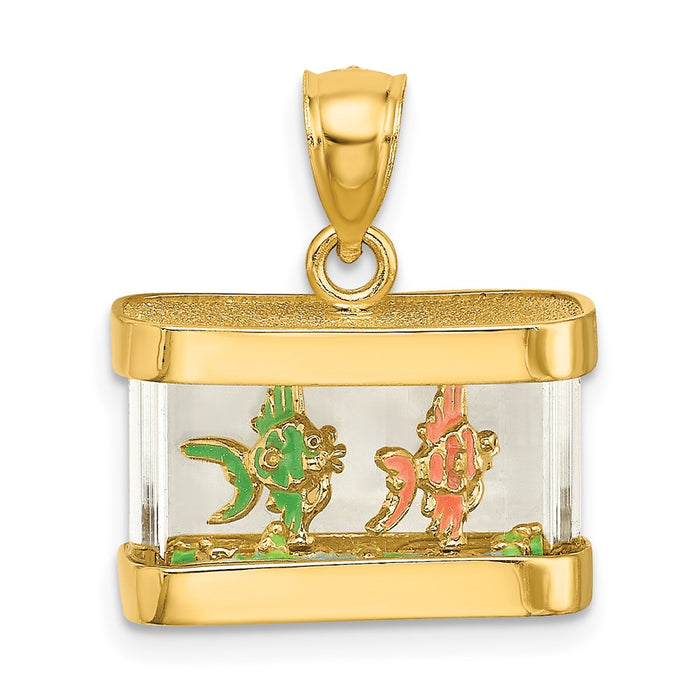 Million Charms 14K Yellow Gold Themed 3-D Moveable Enamel Fish Aquarium Charm