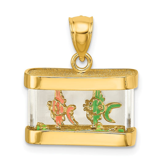 Million Charms 14K Yellow Gold Themed 3-D Moveable Enamel Fish Aquarium Charm