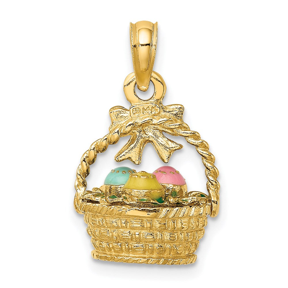 Million Charms 14K Yellow Gold Themed 3-D Enameled Easter Basket With Bow & Eggs Charm