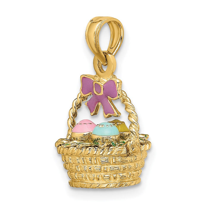 Million Charms 14K Yellow Gold Themed 3-D Enameled Easter Basket With Bow & Eggs Charm