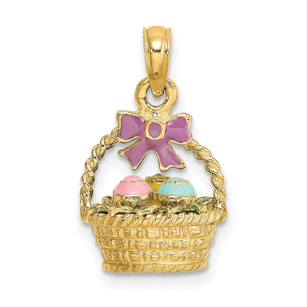 Million Charms 14K Yellow Gold Themed 3-D Enameled Easter Basket With Bow & Eggs Charm
