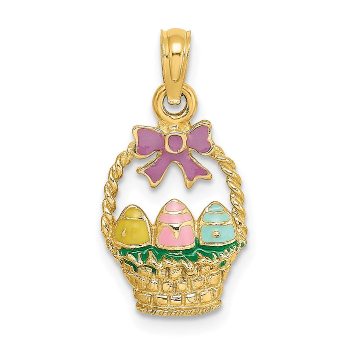 Million Charms 14K Yellow Gold Themed Enameled Easter Basket With Bow & Eggs Charm