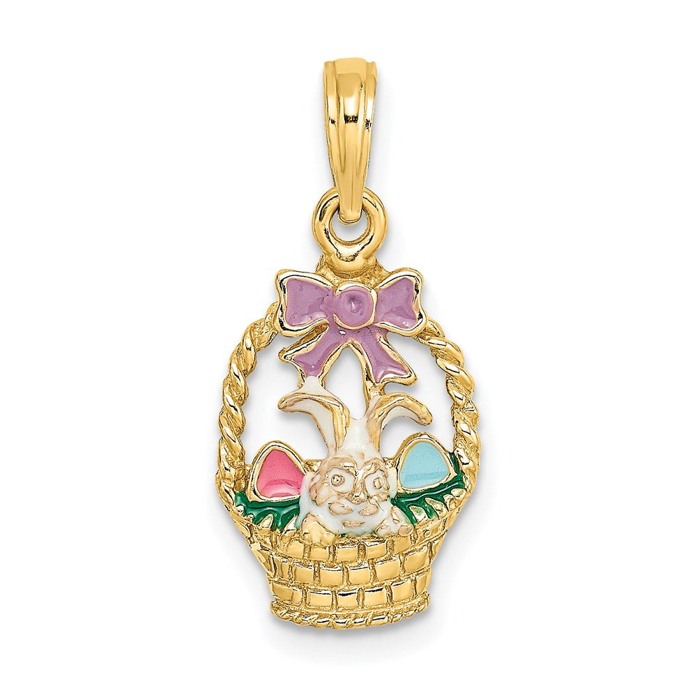 Million Charms 14K Yellow Gold Themed Enameled Easter Basket With Bunny, Bow & Eggs Charm
