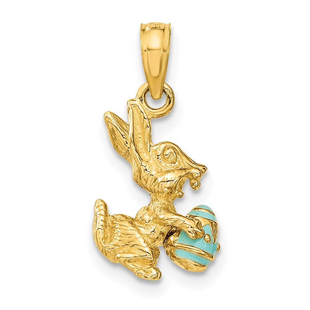 Million Charms 14K Yellow Gold Themed 3-D Aqua Enameled Easter Bunny With Egg Charm