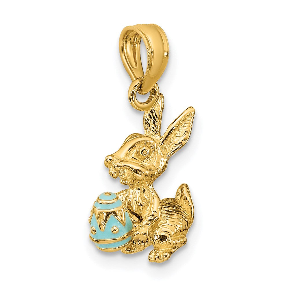 Million Charms 14K Yellow Gold Themed 3-D Aqua Enameled Easter Bunny With Egg Charm