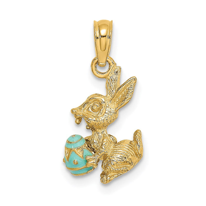 Million Charms 14K Yellow Gold Themed 3-D Aqua Enameled Easter Bunny With Egg Charm