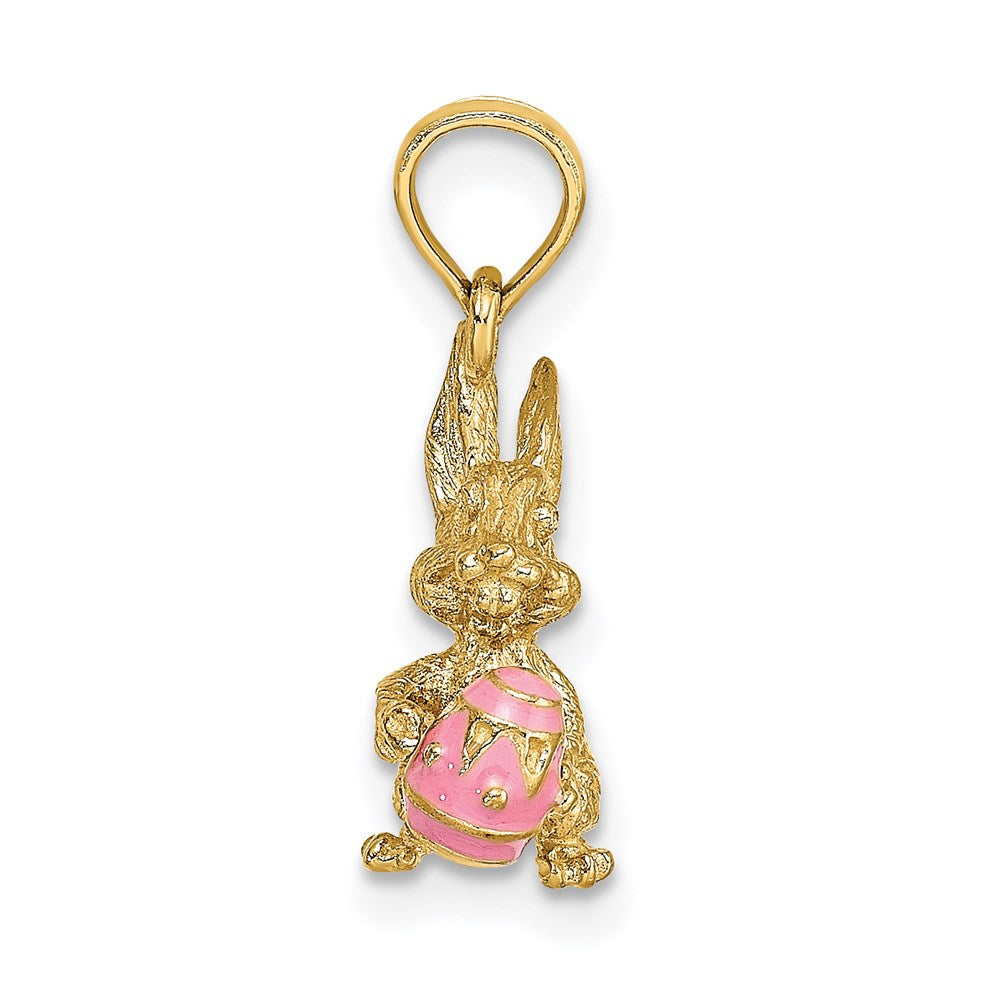 Million Charms 14K Yellow Gold Themed 3-D Pink Enameled Easter Bunny With Egg Charm