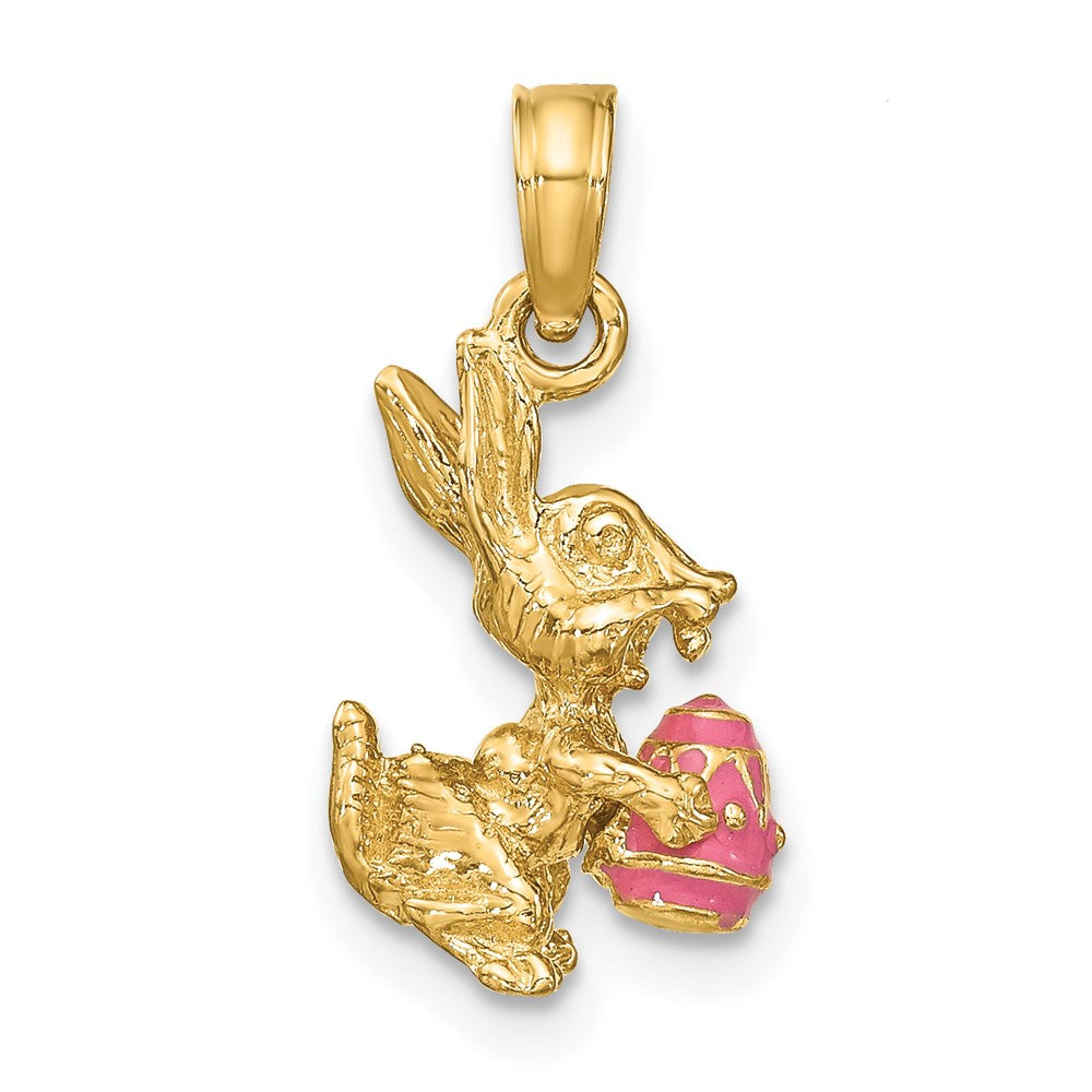 Million Charms 14K Yellow Gold Themed 3-D Pink Enameled Easter Bunny With Egg Charm