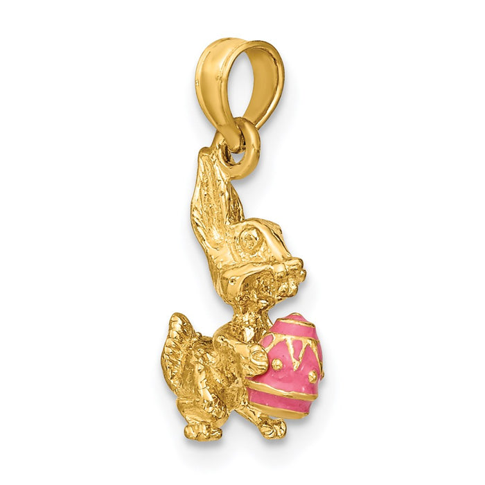 Million Charms 14K Yellow Gold Themed 3-D Pink Enameled Easter Bunny With Egg Charm