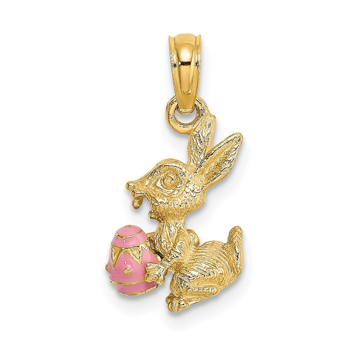 Million Charms 14K Yellow Gold Themed 3-D Pink Enameled Easter Bunny With Egg Charm