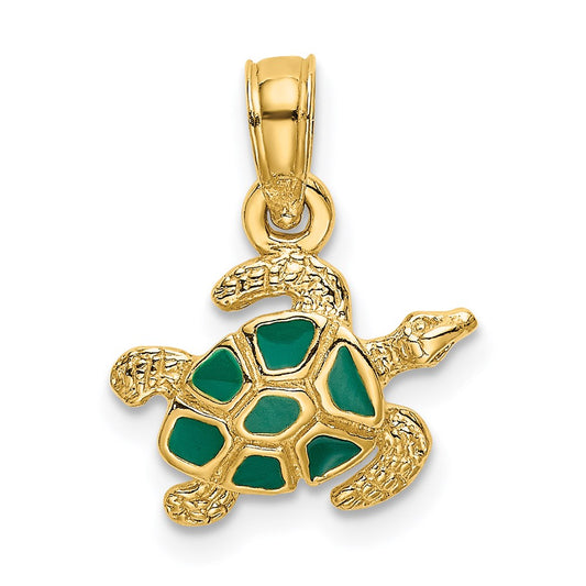 Million Charms 14K Yellow Gold Themed Textured & Enameled Sea Turtle Charm