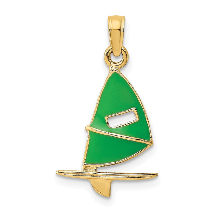 Million Charms 14K Yellow Gold Themed Green Enameled Windsail Surf Board Charm