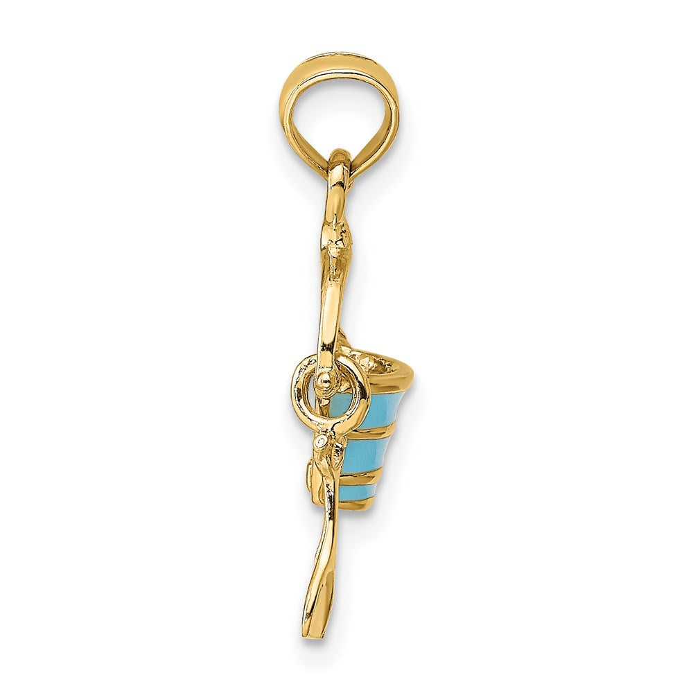 Million Charms 14K Yellow Gold Themed 2-D Aqua Enameled Beach Bucket With Moveable Shovel Charm
