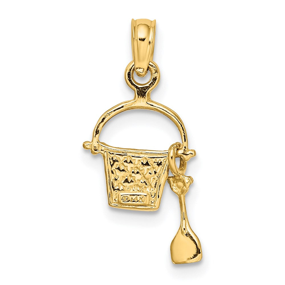 Million Charms 14K Yellow Gold Themed 2-D Aqua Enameled Beach Bucket With Moveable Shovel Charm